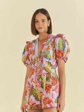 Farm Rio Lilac Beaks & Bananas Romper Sleeved Jumpsuit M